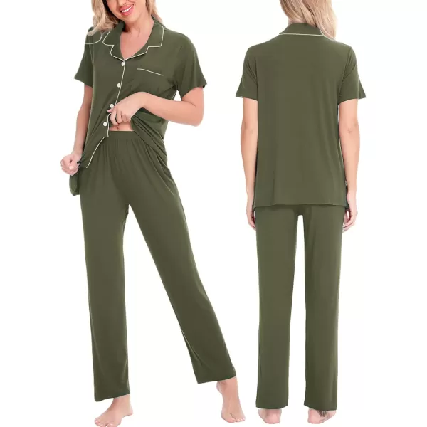 SWOMOG Women Pajama Sets TwoPiece Nightwear Short Sleeve Sleepwear Button Down Pj Lounge Sets with Long PantsArmy Green