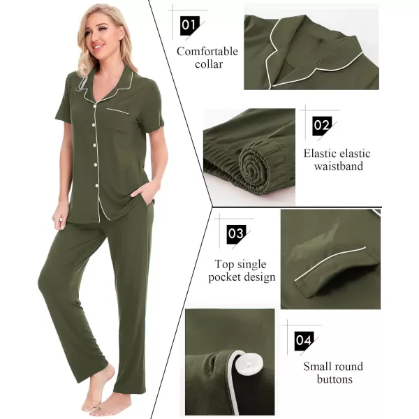 SWOMOG Women Pajama Sets TwoPiece Nightwear Short Sleeve Sleepwear Button Down Pj Lounge Sets with Long PantsArmy Green