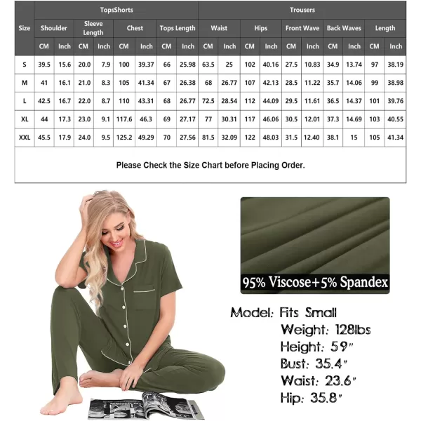 SWOMOG Women Pajama Sets TwoPiece Nightwear Short Sleeve Sleepwear Button Down Pj Lounge Sets with Long PantsArmy Green