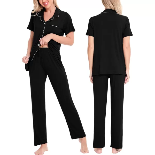 SWOMOG Women Pajama Sets TwoPiece Nightwear Short Sleeve Sleepwear Button Down Pj Lounge Sets with Long PantsBlack