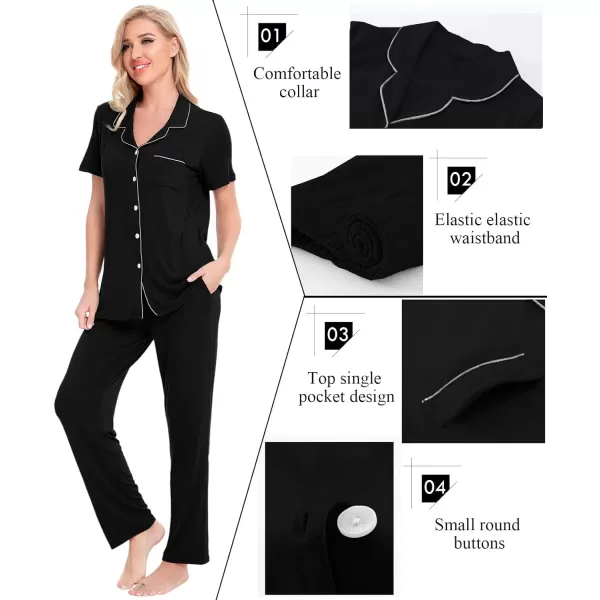 SWOMOG Women Pajama Sets TwoPiece Nightwear Short Sleeve Sleepwear Button Down Pj Lounge Sets with Long PantsBlack