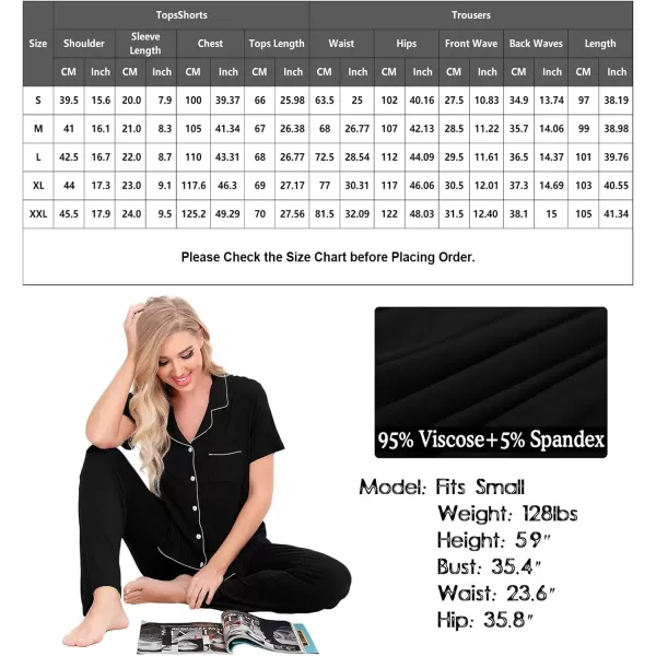 SWOMOG Women Pajama Sets TwoPiece Nightwear Short Sleeve Sleepwear Button Down Pj Lounge Sets with Long PantsBlack