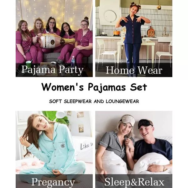 SWOMOG Women Pajama Sets TwoPiece Nightwear Short Sleeve Sleepwear Button Down Pj Lounge Sets with Long PantsBlack