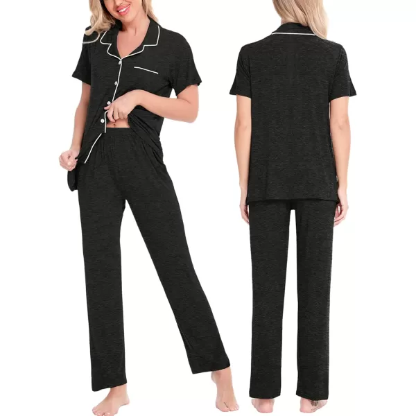 SWOMOG Women Pajama Sets TwoPiece Nightwear Short Sleeve Sleepwear Button Down Pj Lounge Sets with Long PantsBlack Gray