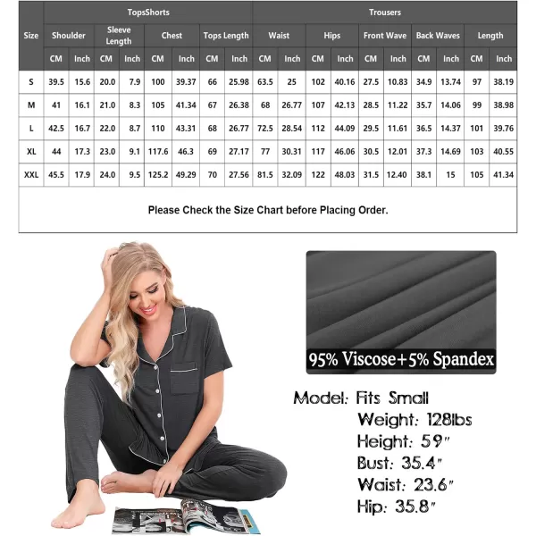 SWOMOG Women Pajama Sets TwoPiece Nightwear Short Sleeve Sleepwear Button Down Pj Lounge Sets with Long PantsDark Gray