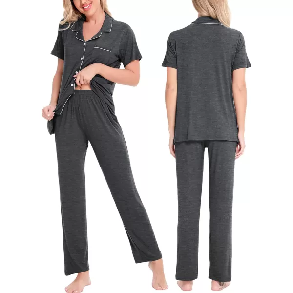 SWOMOG Women Pajama Sets TwoPiece Nightwear Short Sleeve Sleepwear Button Down Pj Lounge Sets with Long PantsDark Gray