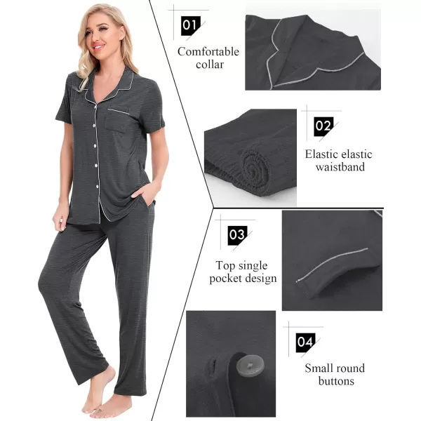 SWOMOG Women Pajama Sets TwoPiece Nightwear Short Sleeve Sleepwear Button Down Pj Lounge Sets with Long PantsDark Gray