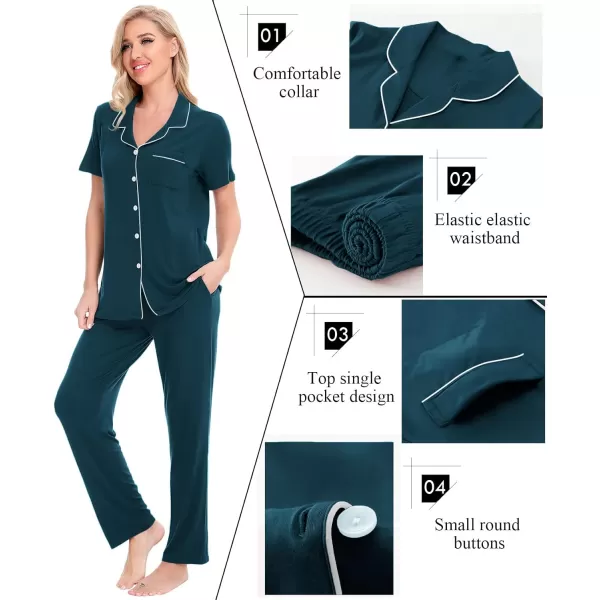 SWOMOG Women Pajama Sets TwoPiece Nightwear Short Sleeve Sleepwear Button Down Pj Lounge Sets with Long PantsDark Navy Blue