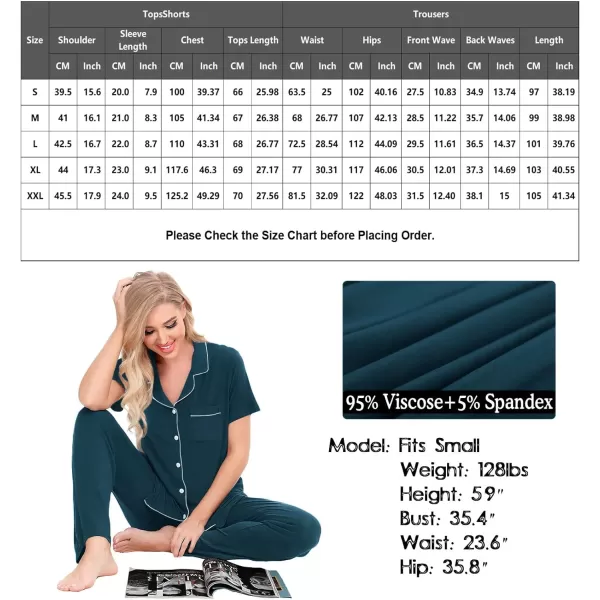 SWOMOG Women Pajama Sets TwoPiece Nightwear Short Sleeve Sleepwear Button Down Pj Lounge Sets with Long PantsDark Navy Blue