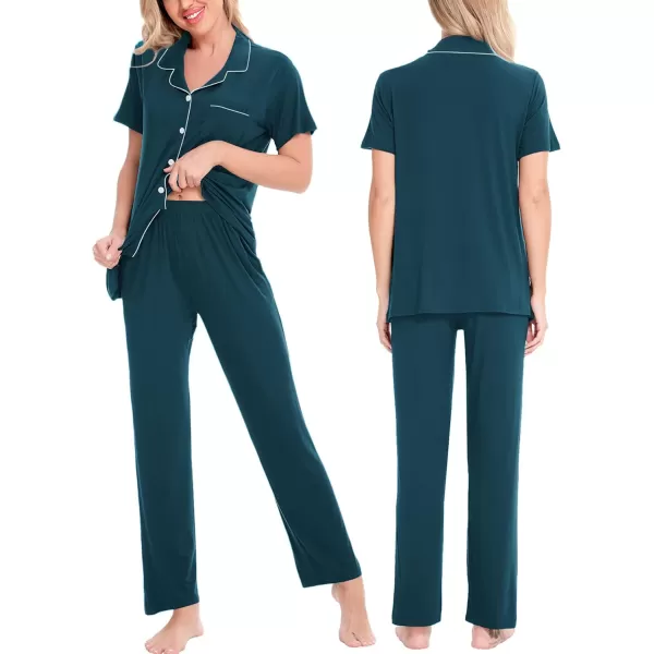 SWOMOG Women Pajama Sets TwoPiece Nightwear Short Sleeve Sleepwear Button Down Pj Lounge Sets with Long PantsDark Navy Blue