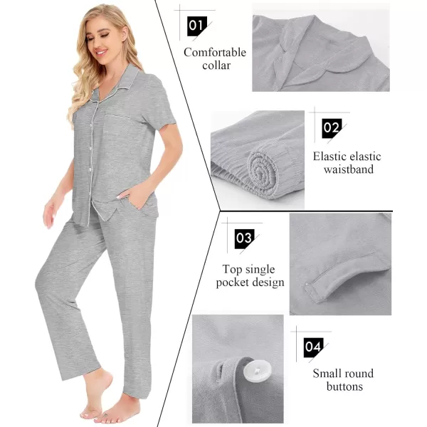 SWOMOG Women Pajama Sets TwoPiece Nightwear Short Sleeve Sleepwear Button Down Pj Lounge Sets with Long PantsGray