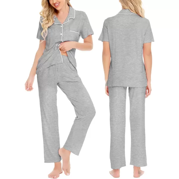 SWOMOG Women Pajama Sets TwoPiece Nightwear Short Sleeve Sleepwear Button Down Pj Lounge Sets with Long PantsGray