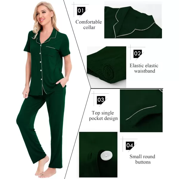 SWOMOG Women Pajama Sets TwoPiece Nightwear Short Sleeve Sleepwear Button Down Pj Lounge Sets with Long PantsGreen