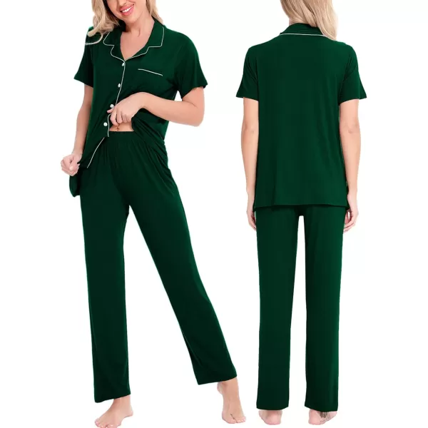 SWOMOG Women Pajama Sets TwoPiece Nightwear Short Sleeve Sleepwear Button Down Pj Lounge Sets with Long PantsGreen