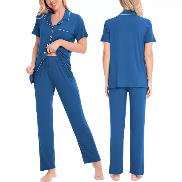 SWOMOG Women Pajama Sets TwoPiece Nightwear Short Sleeve Sleepwear Button Down Pj Lounge Sets with Long PantsNavy Blue 1