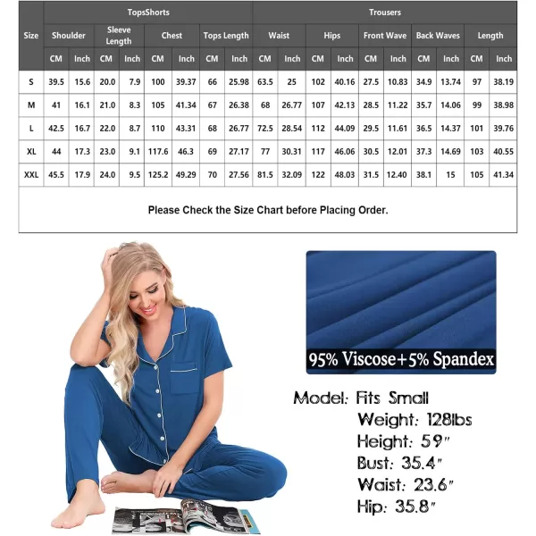 SWOMOG Women Pajama Sets TwoPiece Nightwear Short Sleeve Sleepwear Button Down Pj Lounge Sets with Long PantsNavy Blue 1