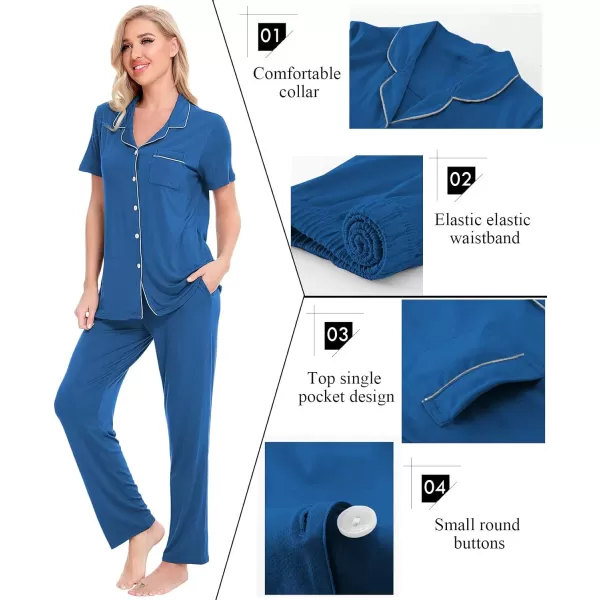 SWOMOG Women Pajama Sets TwoPiece Nightwear Short Sleeve Sleepwear Button Down Pj Lounge Sets with Long PantsNavy Blue 1