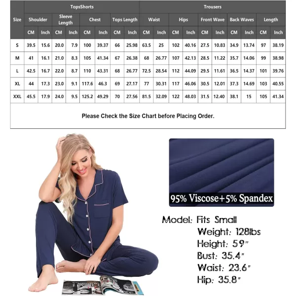 SWOMOG Women Pajama Sets TwoPiece Nightwear Short Sleeve Sleepwear Button Down Pj Lounge Sets with Long PantsNavy Blue