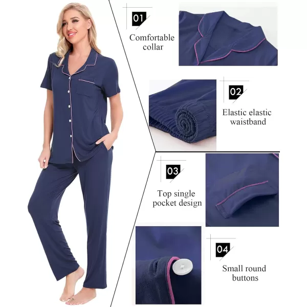 SWOMOG Women Pajama Sets TwoPiece Nightwear Short Sleeve Sleepwear Button Down Pj Lounge Sets with Long PantsNavy Blue