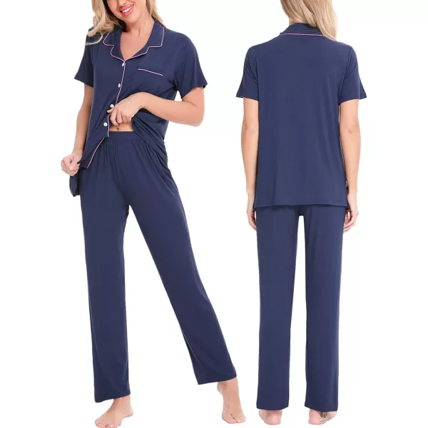 SWOMOG Women Pajama Sets TwoPiece Nightwear Short Sleeve Sleepwear Button Down Pj Lounge Sets with Long PantsNavy Blue