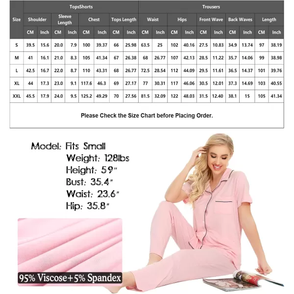 SWOMOG Women Pajama Sets TwoPiece Nightwear Short Sleeve Sleepwear Button Down Pj Lounge Sets with Long PantsPink