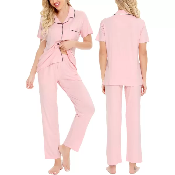 SWOMOG Women Pajama Sets TwoPiece Nightwear Short Sleeve Sleepwear Button Down Pj Lounge Sets with Long PantsPink