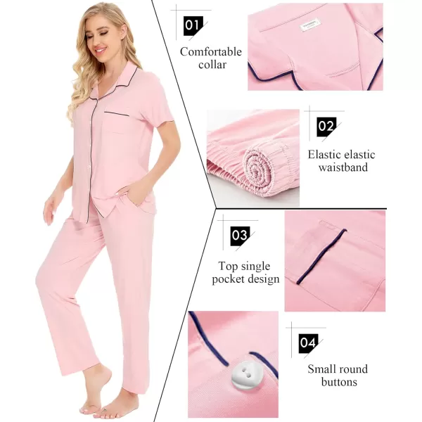 SWOMOG Women Pajama Sets TwoPiece Nightwear Short Sleeve Sleepwear Button Down Pj Lounge Sets with Long PantsPink