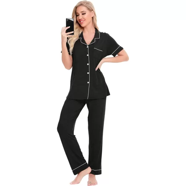 SWOMOG Women Pajama Sets TwoPiece Nightwear Short Sleeve Sleepwear Button Down Pj Lounge Sets with Long PantsPiping Pants and Sleeveblack Gray