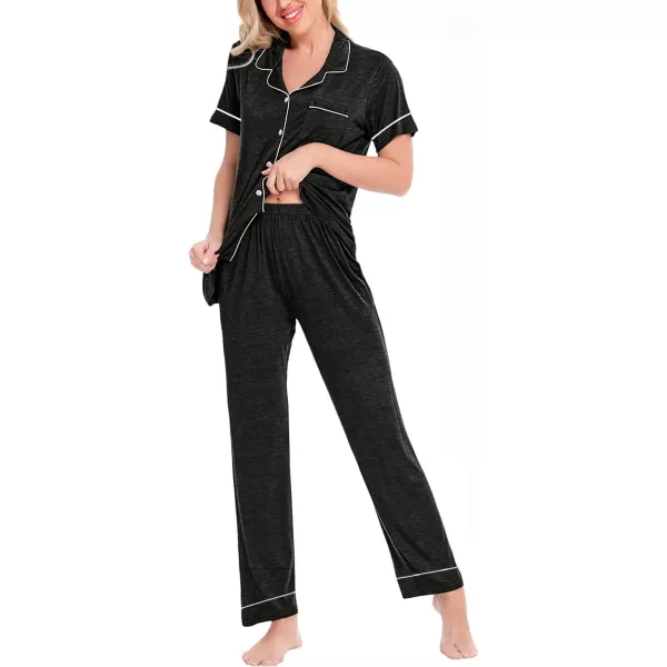 SWOMOG Women Pajama Sets TwoPiece Nightwear Short Sleeve Sleepwear Button Down Pj Lounge Sets with Long PantsPiping Pants and Sleeveblack Gray