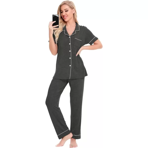 SWOMOG Women Pajama Sets TwoPiece Nightwear Short Sleeve Sleepwear Button Down Pj Lounge Sets with Long PantsPiping Pants and Sleevedark Gray