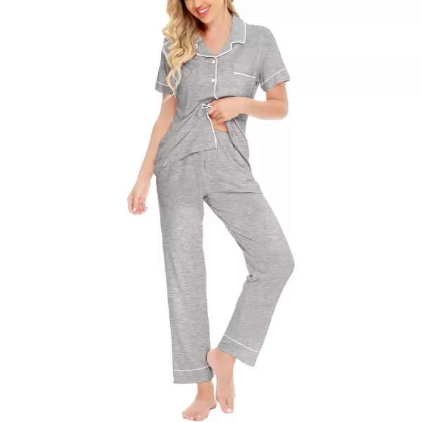 SWOMOG Women Pajama Sets TwoPiece Nightwear Short Sleeve Sleepwear Button Down Pj Lounge Sets with Long PantsPiping Pants and Sleevegray