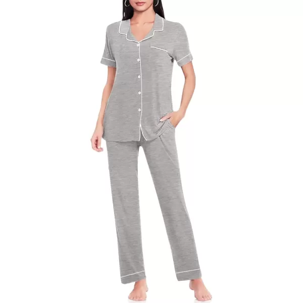 SWOMOG Women Pajama Sets TwoPiece Nightwear Short Sleeve Sleepwear Button Down Pj Lounge Sets with Long PantsPiping Pants and Sleevegray