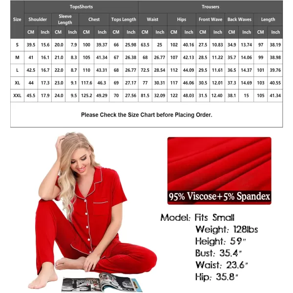 SWOMOG Women Pajama Sets TwoPiece Nightwear Short Sleeve Sleepwear Button Down Pj Lounge Sets with Long PantsRed