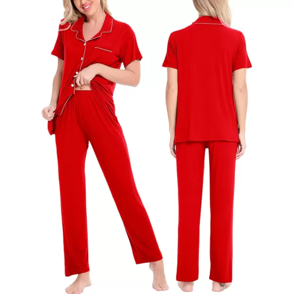 SWOMOG Women Pajama Sets TwoPiece Nightwear Short Sleeve Sleepwear Button Down Pj Lounge Sets with Long PantsRed