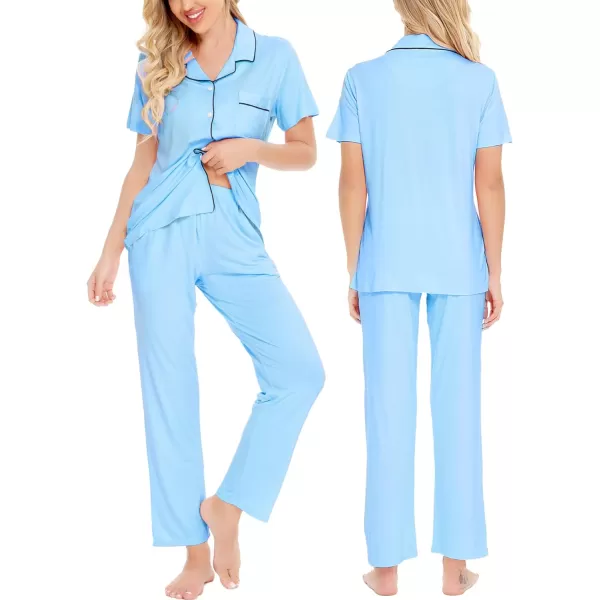 SWOMOG Women Pajama Sets TwoPiece Nightwear Short Sleeve Sleepwear Button Down Pj Lounge Sets with Long PantsSky Blue