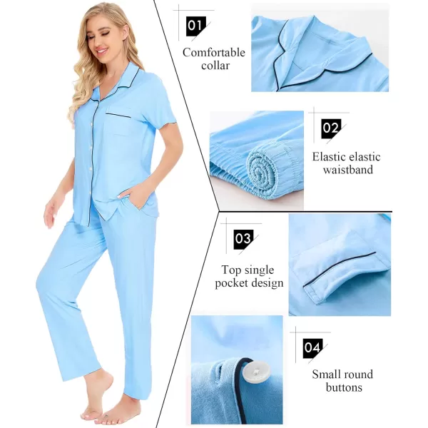 SWOMOG Women Pajama Sets TwoPiece Nightwear Short Sleeve Sleepwear Button Down Pj Lounge Sets with Long PantsSky Blue