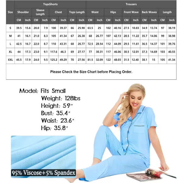 SWOMOG Women Pajama Sets TwoPiece Nightwear Short Sleeve Sleepwear Button Down Pj Lounge Sets with Long PantsSky Blue