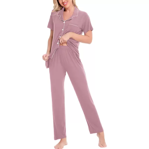 SWOMOG Women Pajama Sets TwoPiece Nightwear Short Sleeve Sleepwear Button Down Pj Lounge Sets with Long PantsTaro Purple