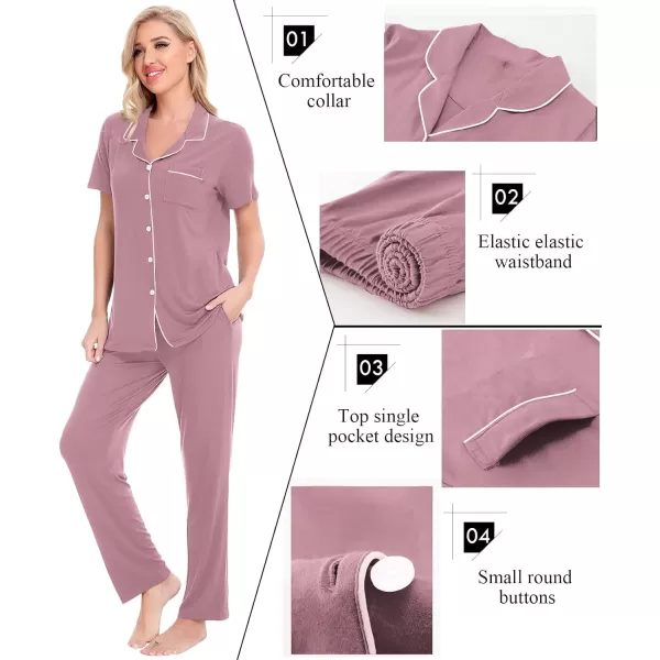 SWOMOG Women Pajama Sets TwoPiece Nightwear Short Sleeve Sleepwear Button Down Pj Lounge Sets with Long PantsTaro Purple