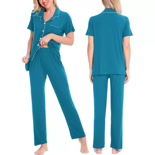 SWOMOG Women Pajama Sets TwoPiece Nightwear Short Sleeve Sleepwear Button Down Pj Lounge Sets with Long PantsTurquoise