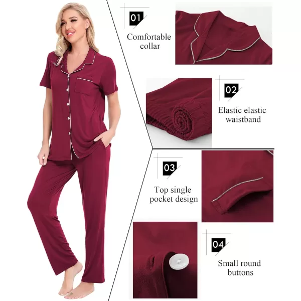 SWOMOG Women Pajama Sets TwoPiece Nightwear Short Sleeve Sleepwear Button Down Pj Lounge Sets with Long PantsWine Red