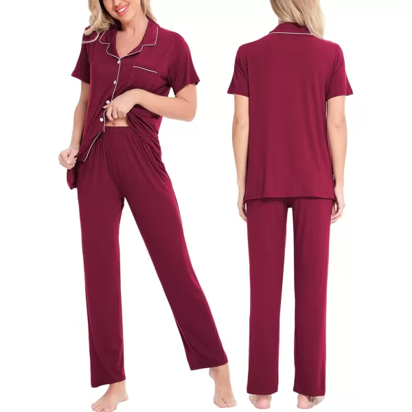 SWOMOG Women Pajama Sets TwoPiece Nightwear Short Sleeve Sleepwear Button Down Pj Lounge Sets with Long PantsWine Red