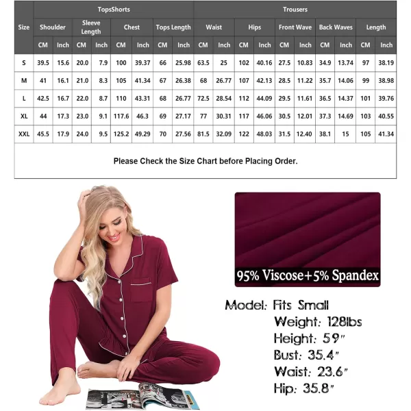 SWOMOG Women Pajama Sets TwoPiece Nightwear Short Sleeve Sleepwear Button Down Pj Lounge Sets with Long PantsWine Red