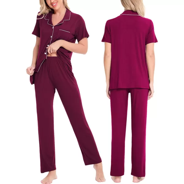 SWOMOG Women Pajama Sets TwoPiece Nightwear Short Sleeve Sleepwear Button Down Pj Lounge Sets with Long PantsWineberry