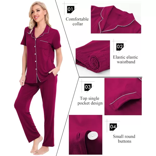 SWOMOG Women Pajama Sets TwoPiece Nightwear Short Sleeve Sleepwear Button Down Pj Lounge Sets with Long PantsWineberry