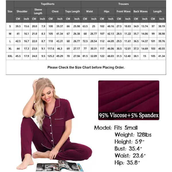 SWOMOG Women Pajama Sets TwoPiece Nightwear Short Sleeve Sleepwear Button Down Pj Lounge Sets with Long PantsWineberry