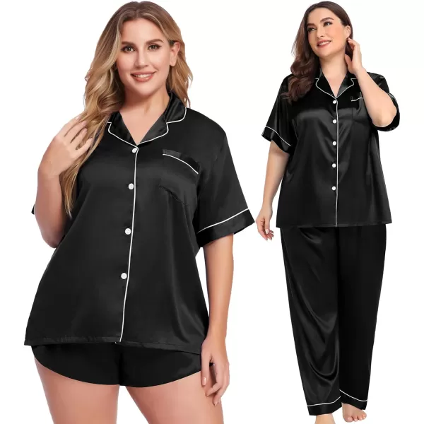 SWOMOG Women Plus Size Pajama Set 4pcs Silk Satin Sleepwear Button Down Pjs Cami Shorts Set Loose Loungewear 16W26WBlack