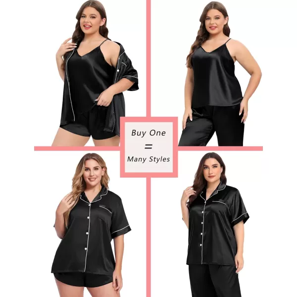 SWOMOG Women Plus Size Pajama Set 4pcs Silk Satin Sleepwear Button Down Pjs Cami Shorts Set Loose Loungewear 16W26WBlack