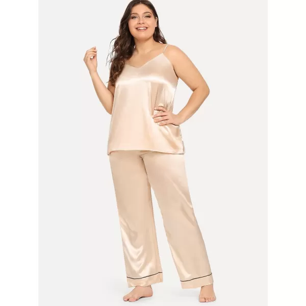 SWOMOG Women Plus Size Pajama Set 4pcs Silk Satin Sleepwear Button Down Pjs Cami Shorts Set Loose Loungewear 16W26WChampagne