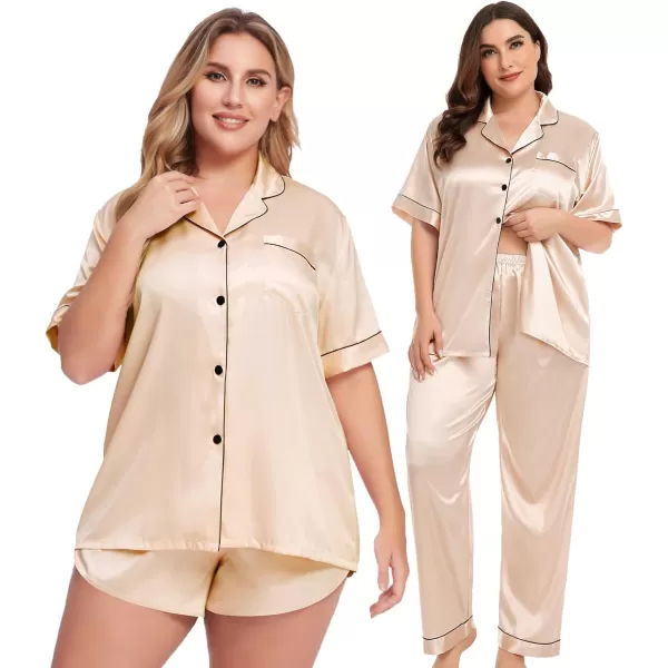 SWOMOG Women Plus Size Pajama Set 4pcs Silk Satin Sleepwear Button Down Pjs Cami Shorts Set Loose Loungewear 16W26WChampagne